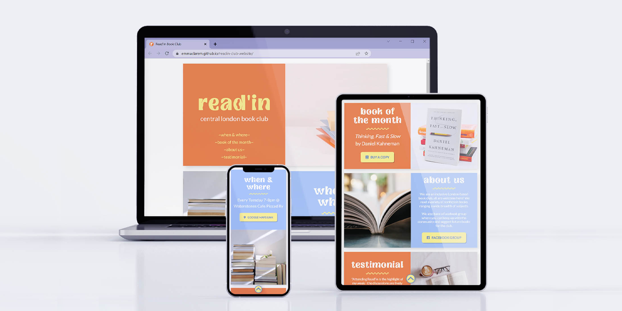 Mockup image of a book club website on a laptop, tablet, and phone.